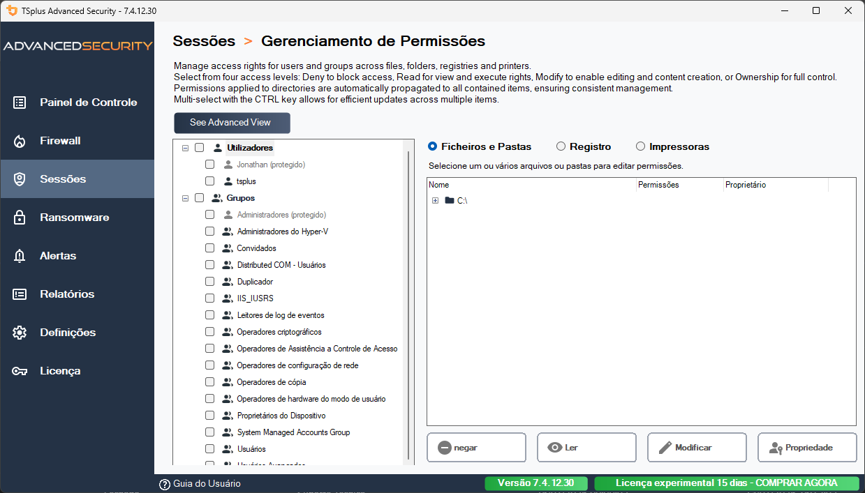 Gerenciamento de Permissões TSplus