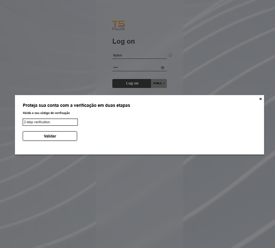 TSplus Two Factor Authentication Login Screen