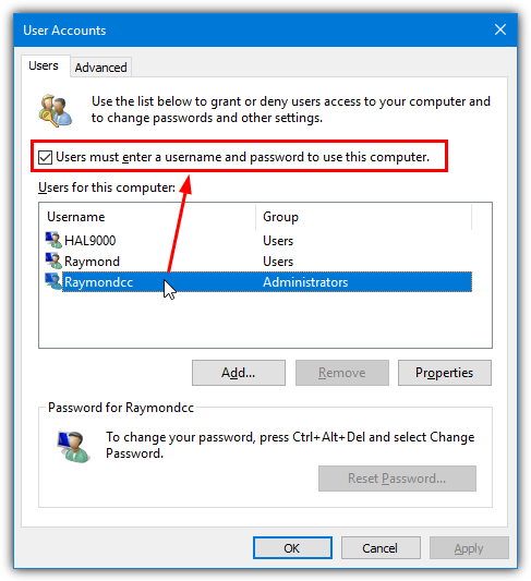 uncheck must enter user password box