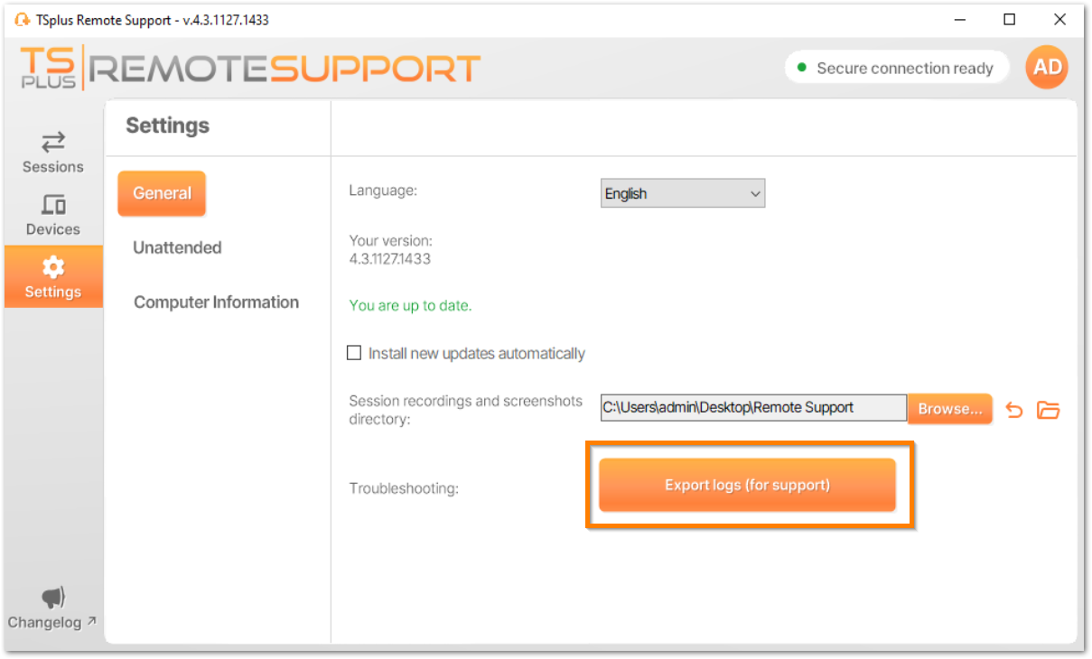 TSplus Remote Support logs