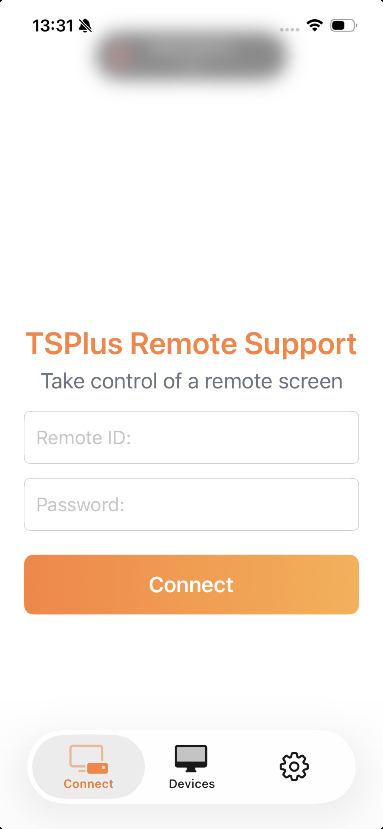TSplus Remote Support on iPhone - Connection screen