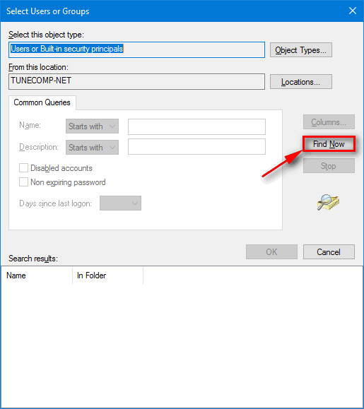 Select Users or Groups - Find Now