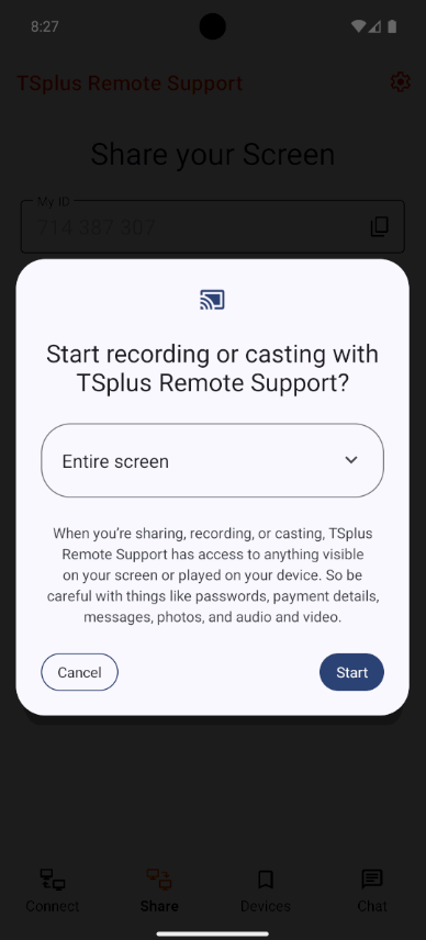 Example of PROJECT_MEDIA permission request to the user